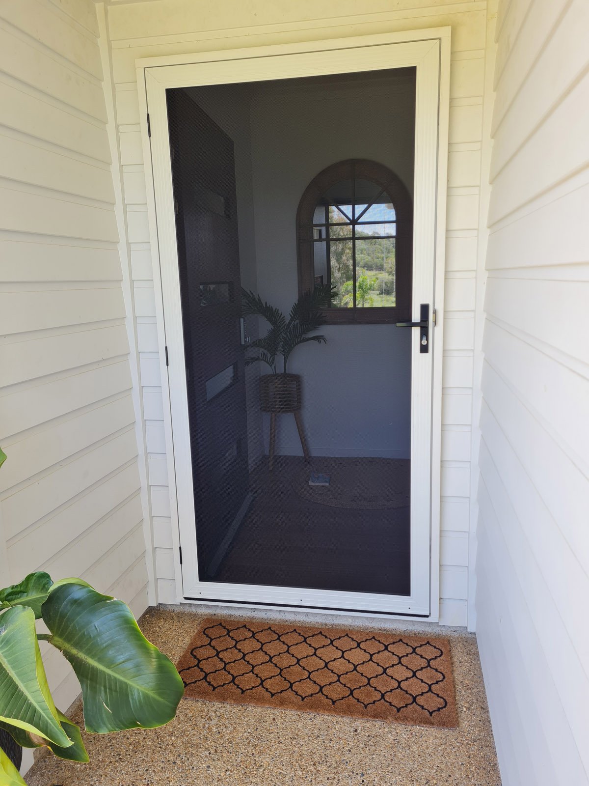 White hinged security door with an arched window and pot plant visible through the mesh
